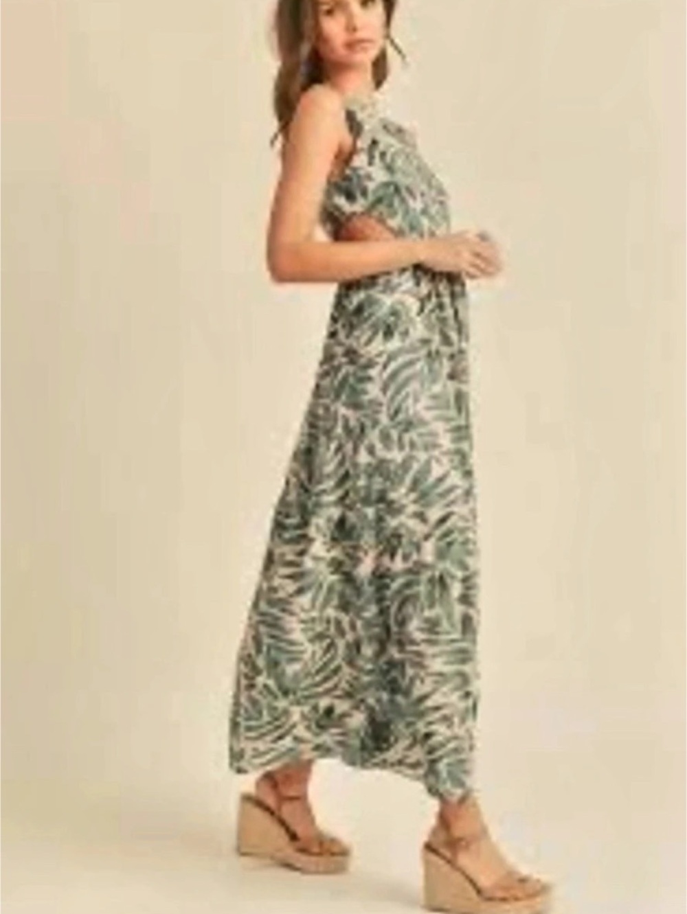 Miou Muse Leaf Cutout Maxi Dress Floral Pink & Green Size Large